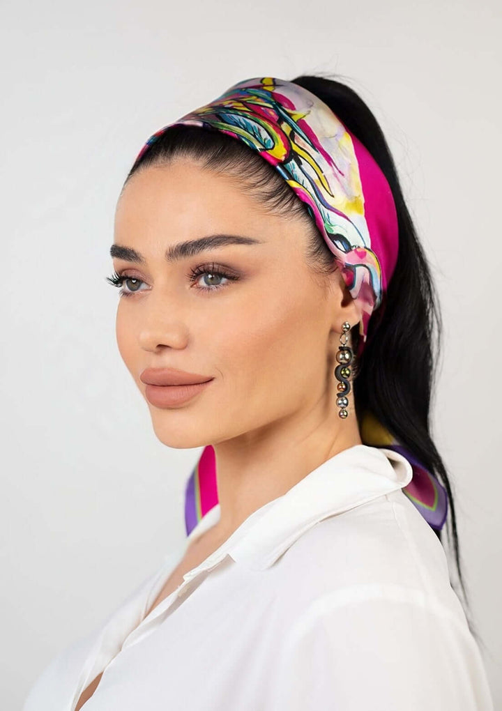 Model showcasing Designer Silk Scarf &