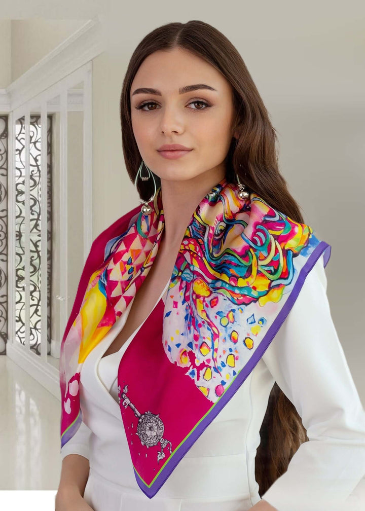 Moderne Frau trägt einen hochwertigen fuchsiafarbene Seidenschal mit buntem Design, stilvolles Accessoire.