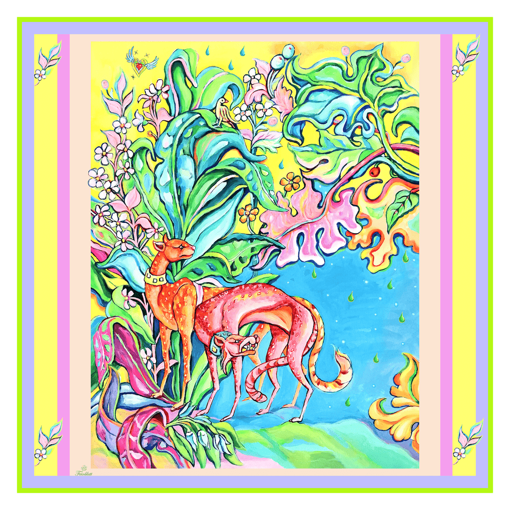 Quadratisches Seidentuch mit handgezeichnetem Leopardenpaar und tropischem Blumenmuster in leuchtenden Farben – Design von Iryna Feinblatt
