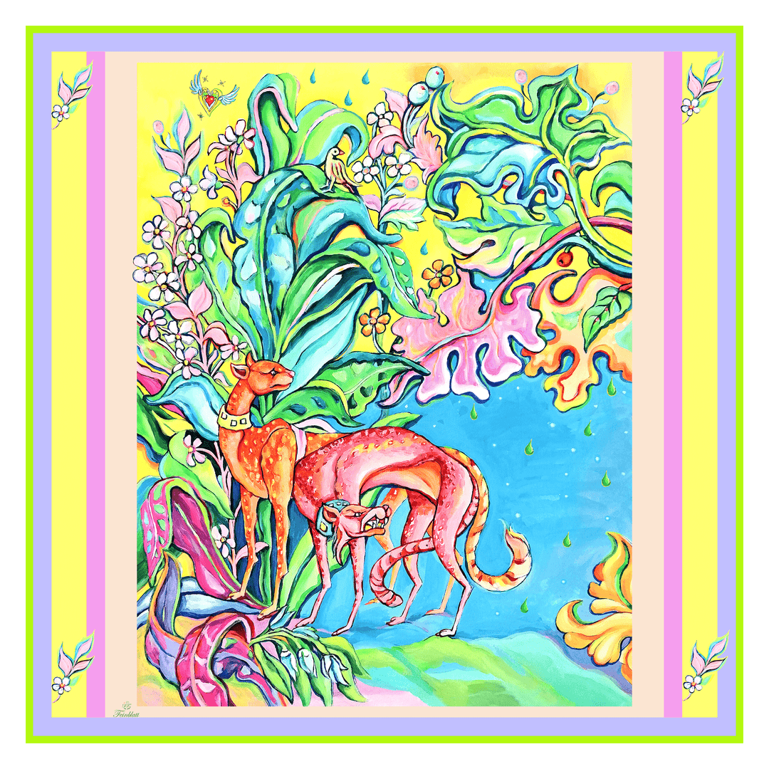 Quadratisches Seidentuch mit handgezeichnetem Leopardenpaar und tropischem Blumenmuster in leuchtenden Farben – Design von Iryna Feinblatt