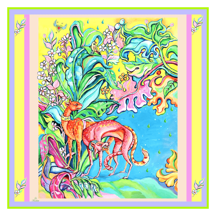 Quadratisches Seidentuch mit handgezeichnetem Leopardenpaar und tropischem Blumenmuster in leuchtenden Farben – Design von Iryna Feinblatt