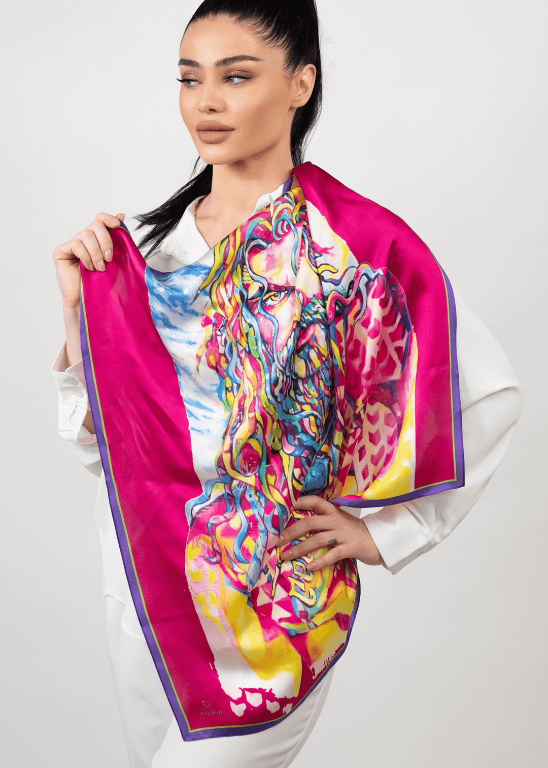 Model showcasing the vibrant Designer Silk Scarf &