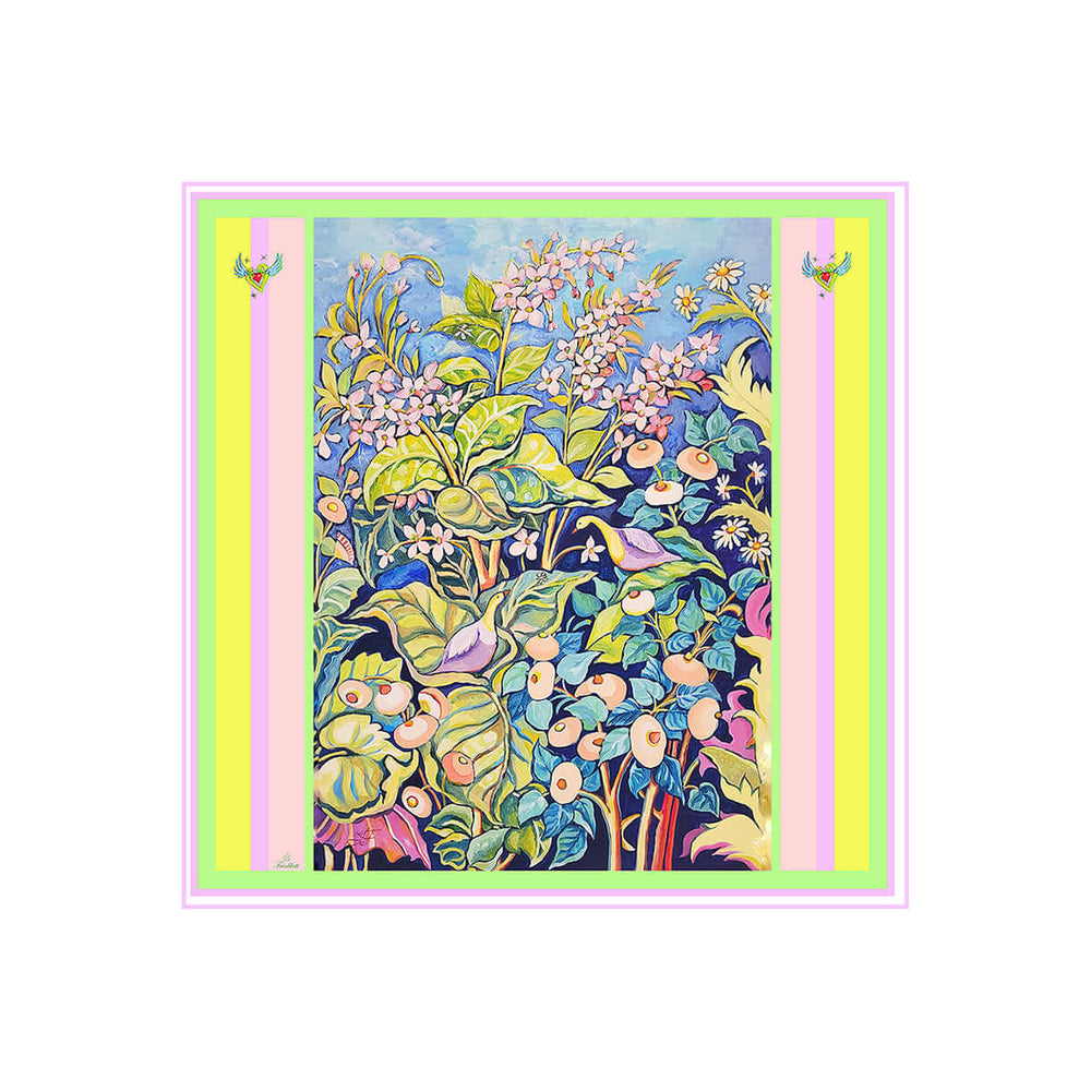 Designer Seidentuch Zauberwald Morgen 65×65 cm mit farbenfrohen Blumen und Vögeln, inspiriert von Iryna Feinblatt.