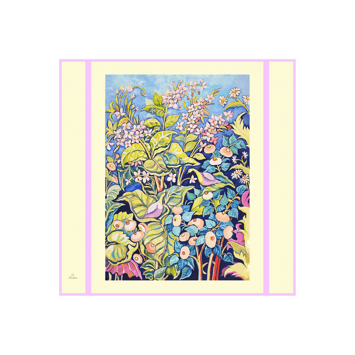 Seidentuch Zauberwald Morgen 90×90 cm – vollständiges Design sichtbar, Kunstmotiv gedruckt auf Seide von Iryna Feinblatt