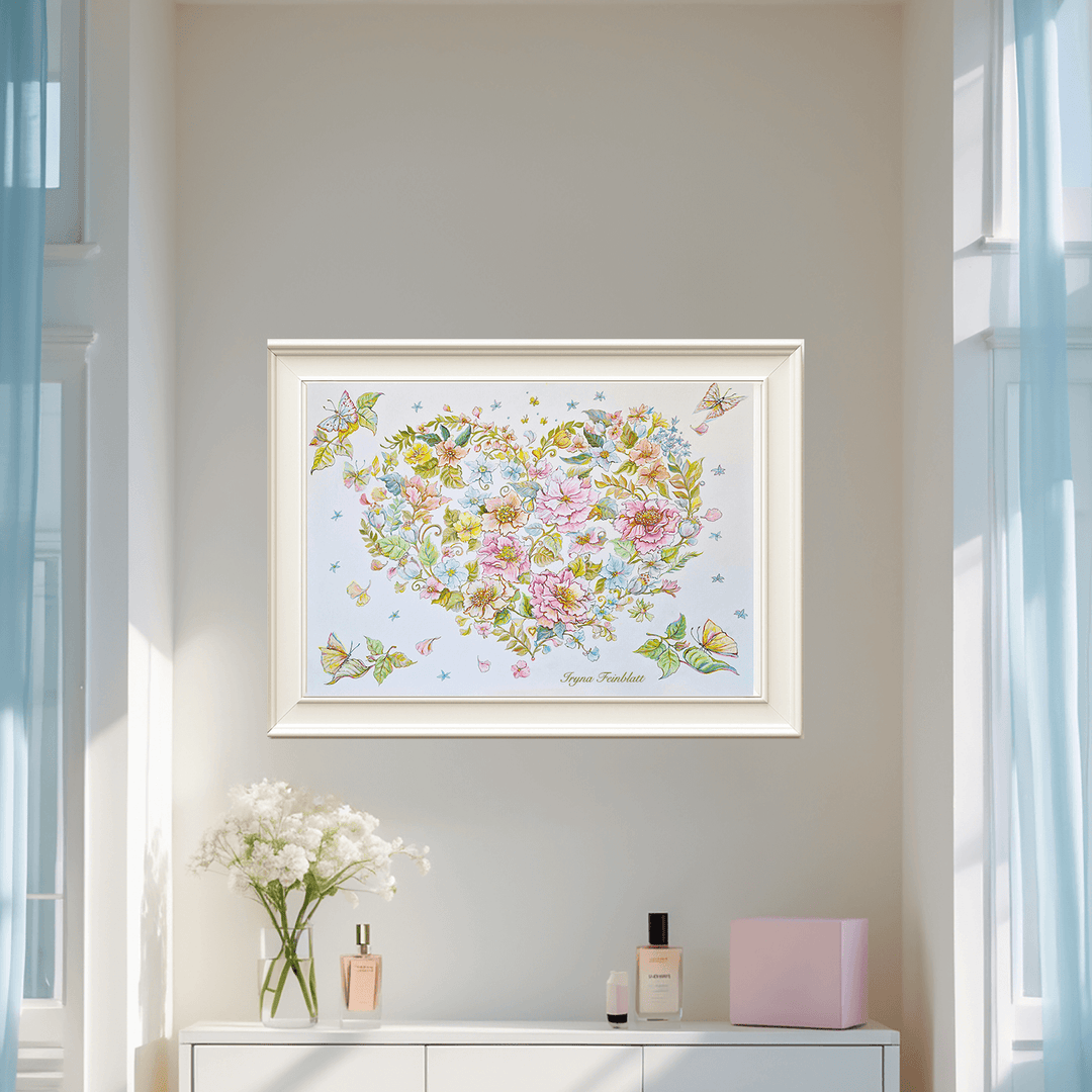 Florales Herz mit Schmetterlingen in Pastellfarben – Kunst von Iryna Feinblatt