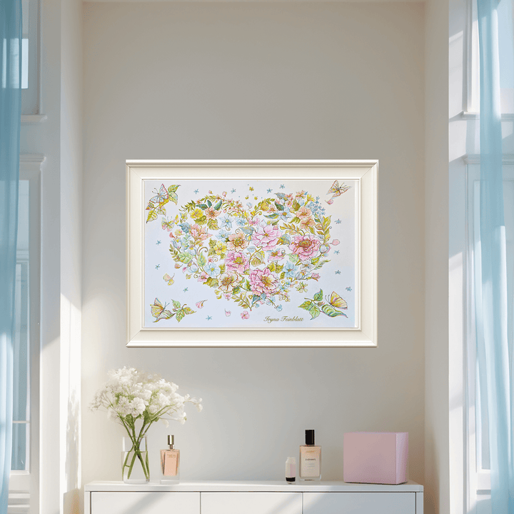 Florales Herz mit Schmetterlingen in Pastellfarben – Kunst von Iryna Feinblatt