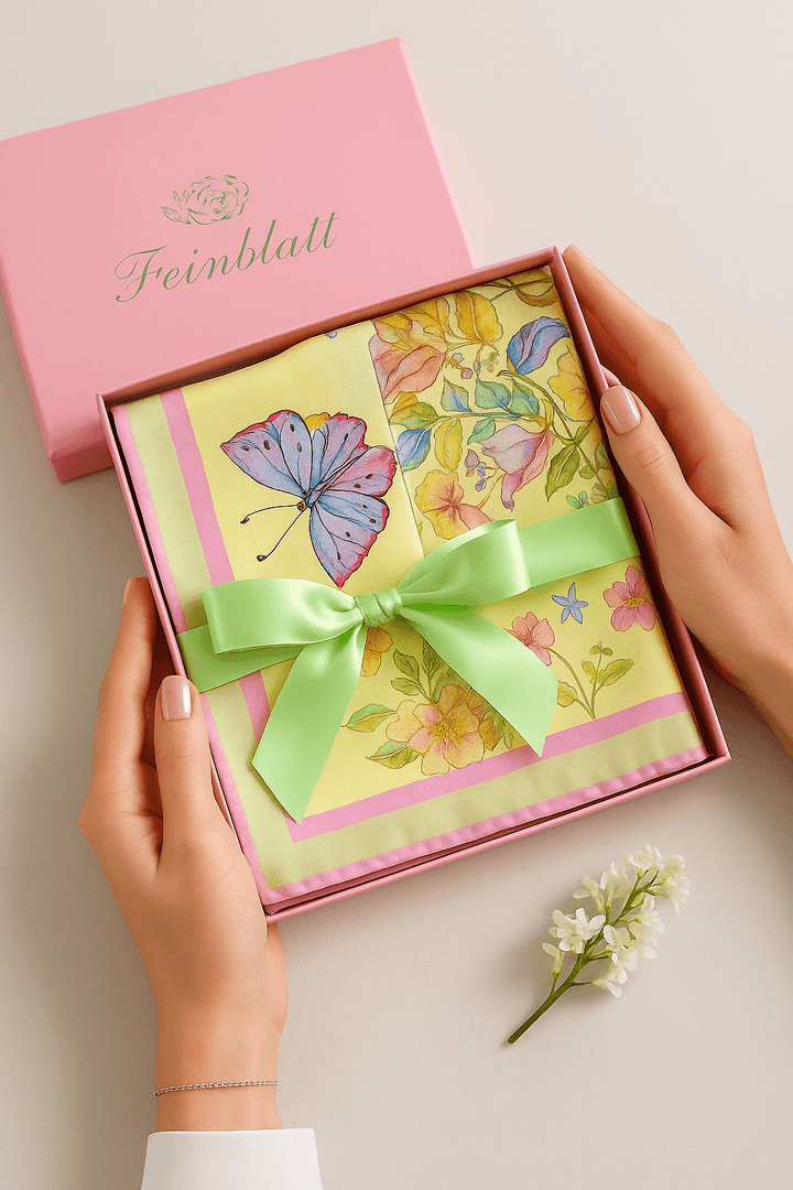 Geschenk fuer Frauen – gelbes Seidentuch mit Blumen in der Geschenkbox mit grünem Band und Schmetterling.