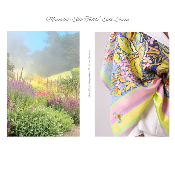 Geschenkidee Seidentuch Morgen Lavendel 90×90 in einem blühenden Garten, lebendige Farben und zarte Muster.
