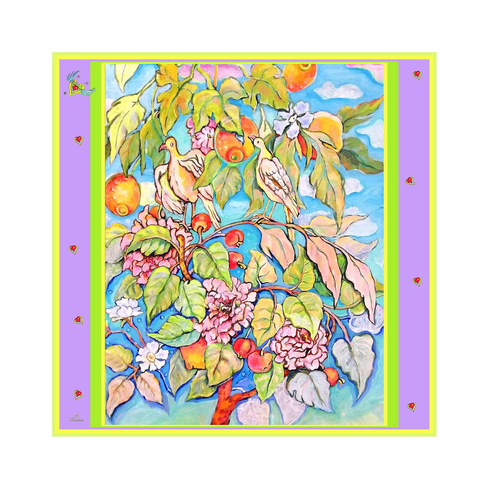 Designer Silk Scarf featuring vibrant summer garden design with birds, fruit, and hearts in violet and pastel colors.