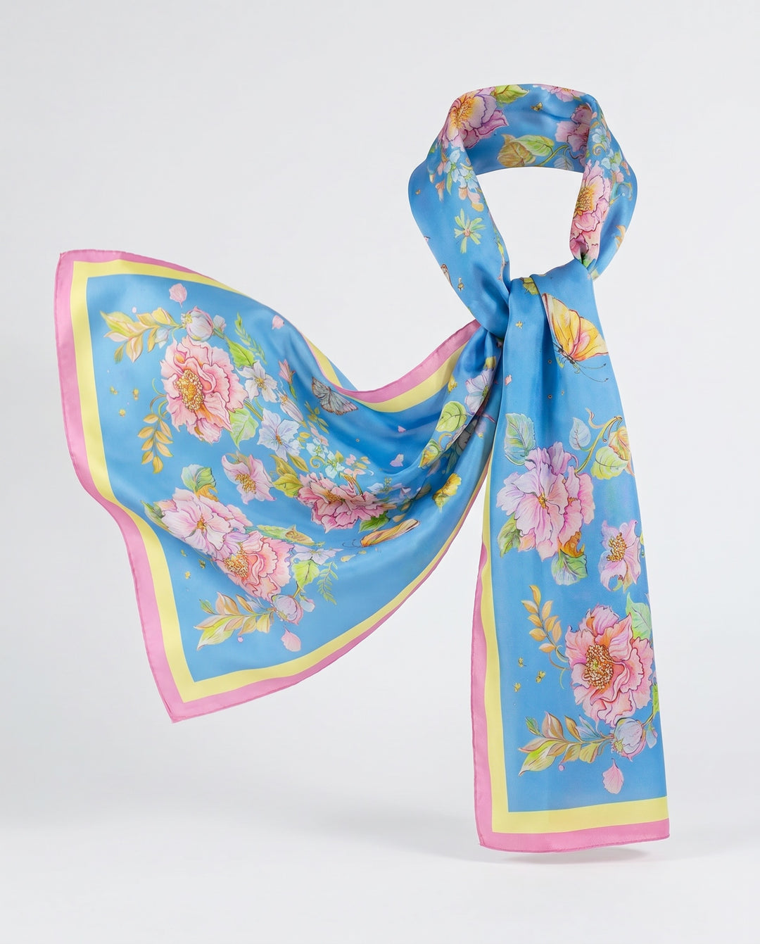 Blauer Designer Seidenschal mit floralen Motiven aus reiner Twill-Seide von  Feinblatt