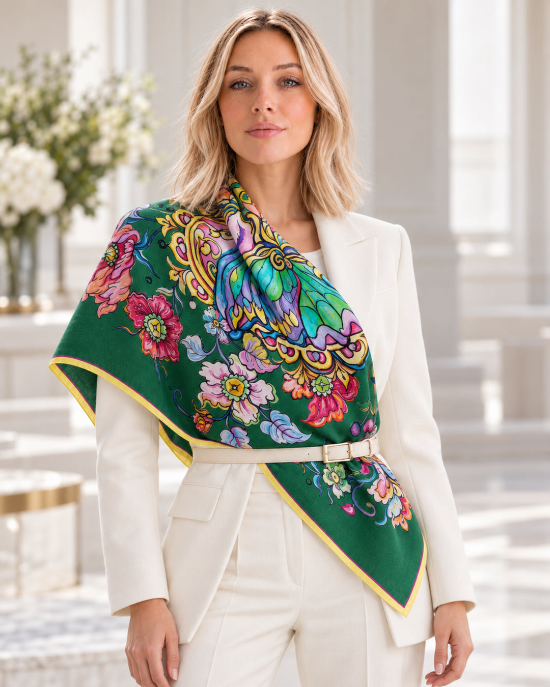 Blonde Frau trägt den grünen Designer-Kaschmirschal Butterfly von Iryna Feinblatt, 90 x 90 cm, mit buntem Schmetterlings- und Blumenmotiv, elegant über einem weißen Hosenanzug drapiert und mit einem Gürtel fixiert.