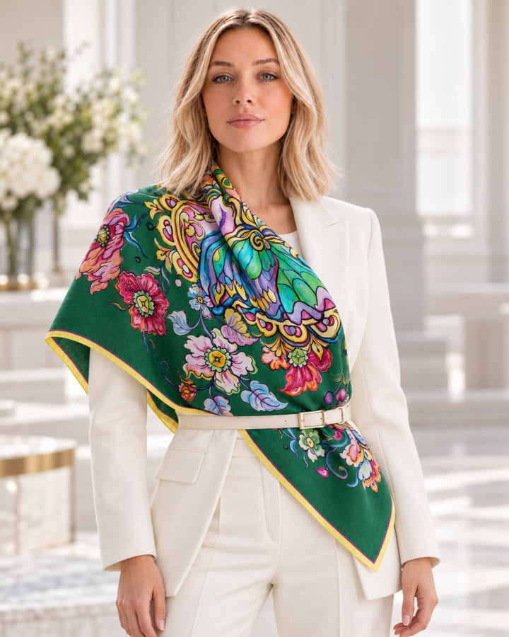 Blonde Frau trägt den grünen Designer-Kaschmirschal Butterfly von Iryna Feinblatt, 90 x 90 cm, mit buntem Schmetterlings- und Blumenmotiv, elegant über einem weißen Hosenanzug drapiert und mit einem Gürtel fixiert.