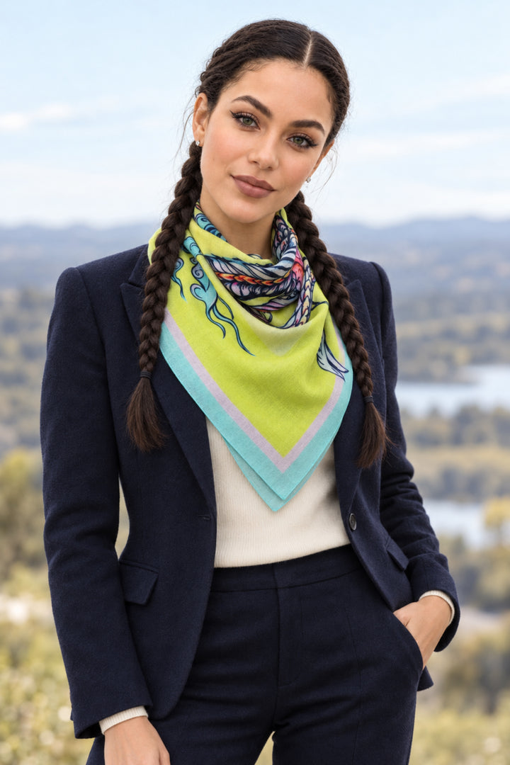 Frau trägt beim Gehen den gelben Designer-Kaschmirschal Dragons von Iryna Feinblatt mit farbigem Drachenmotiv.