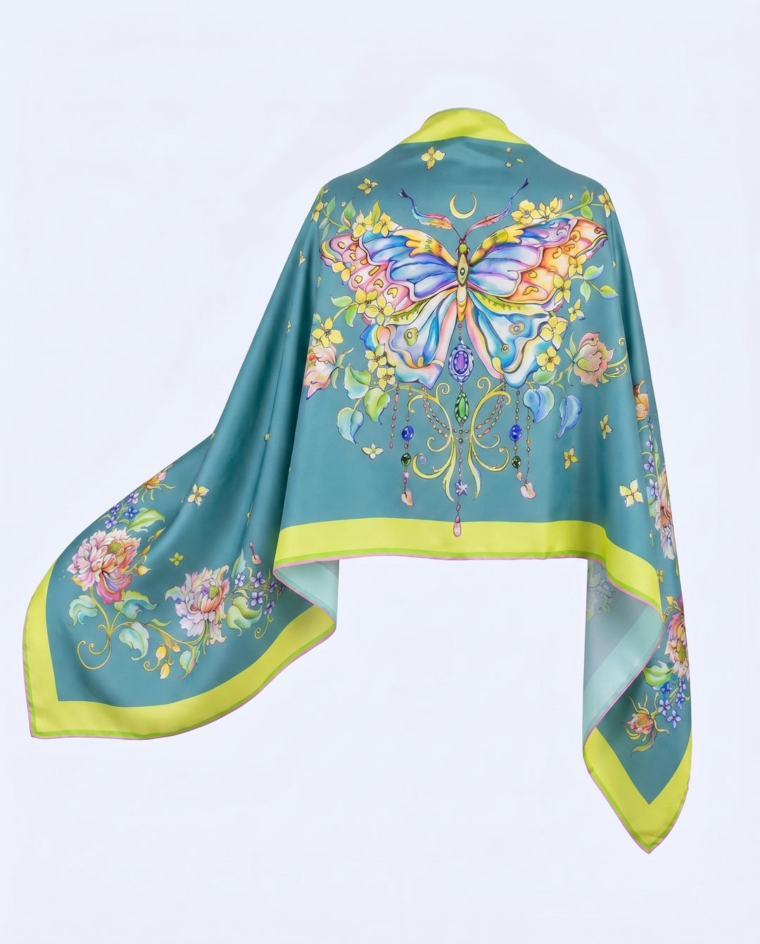 Luxuriöser Designer Seidenschal Emerald Butterfly in Smaragdgrün mit Schmetterlingsmotiv aus Twill-Seide