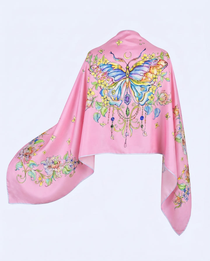 Luxuriöser rosa Designer Seidenschal mit Schmetterlingsmotiv aus Twill-Seide von Feinblatt