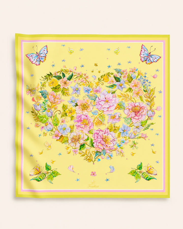Designer Seidenschal Herz aus Blumen Gelb aus reiner Twill-Seide von Feinblatt
