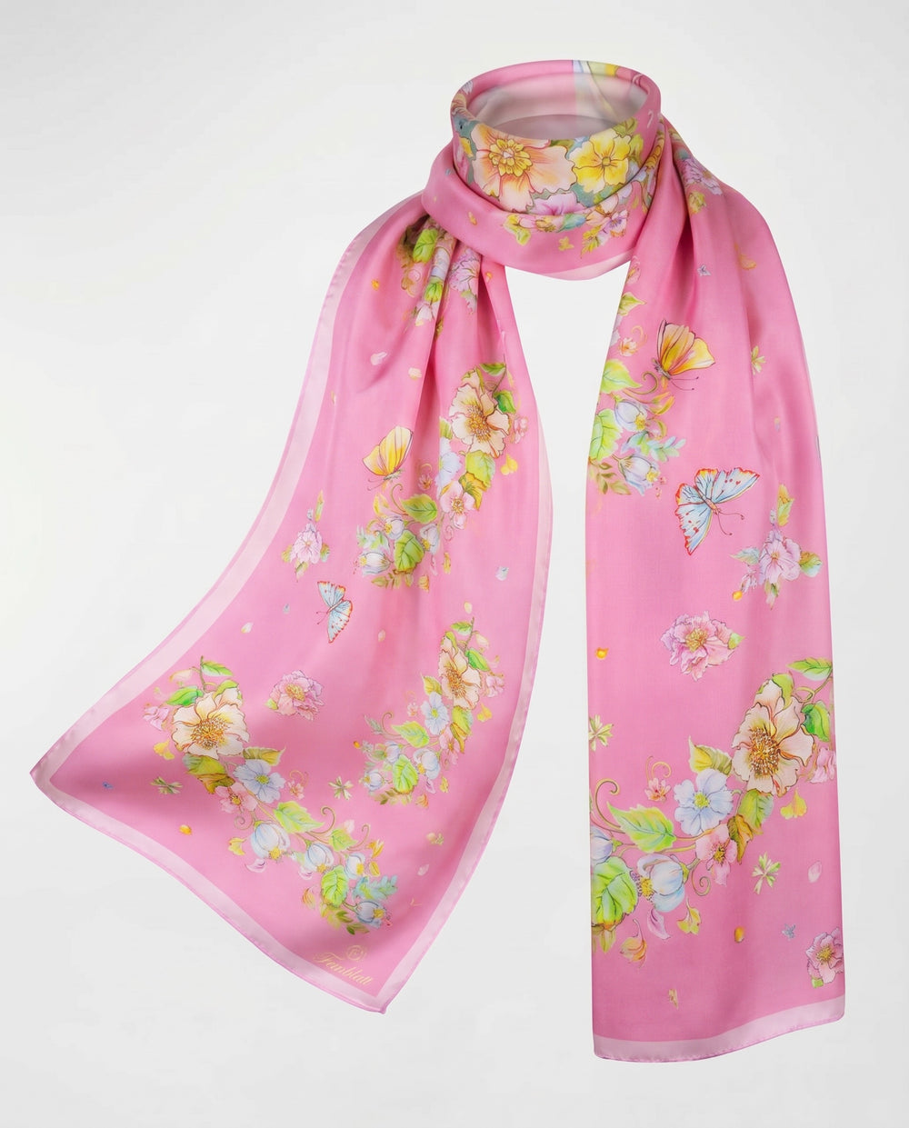 Zartrosa Designer Seidenschal aus Twill-Seide mit Blumenmotiv von Feinblatt