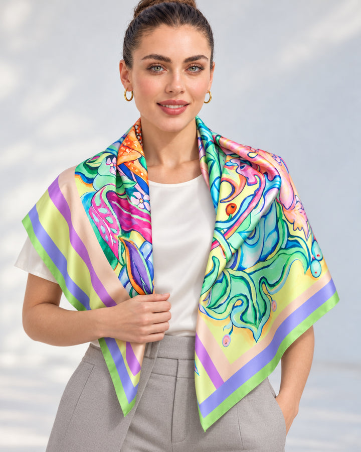 Lächelnde Frau trägt den farbenfrohen Designer-Seidenschal Leoparden Multicolor zu einem hellen Oberteil.