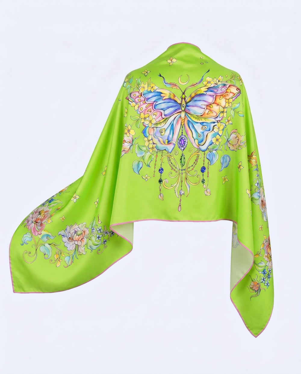 Lime Butterfly Designer Seidenschal aus Seide in Salatgrün mit großem buntem Schmetterlingsmotiv und floralen Details von Feinblatt.