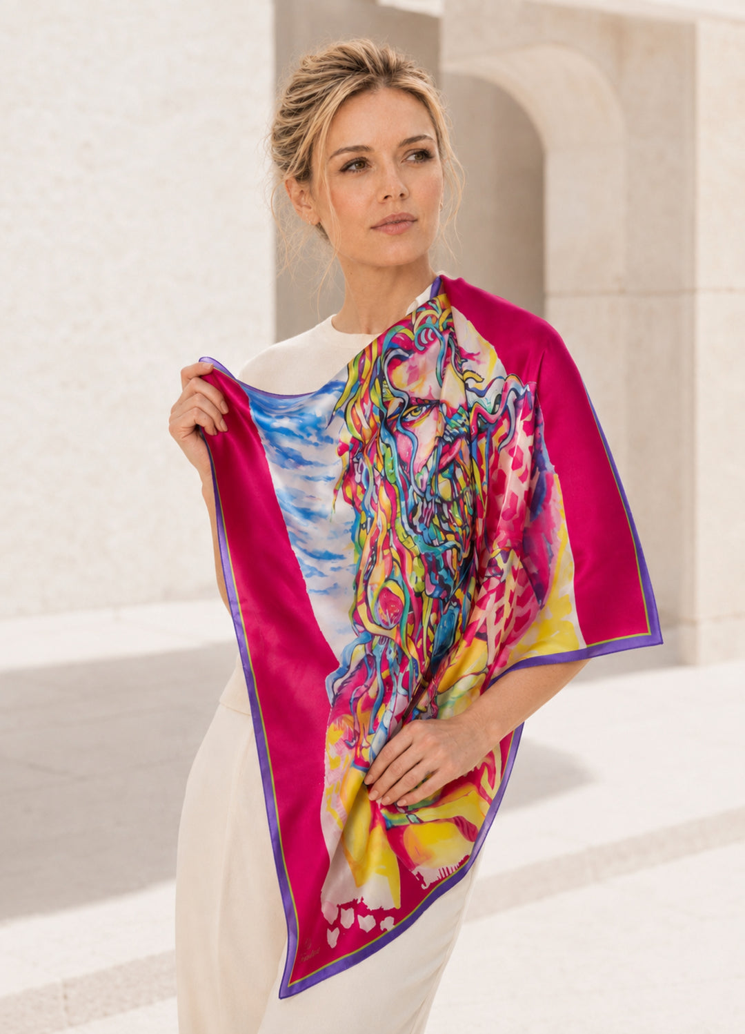 Designer-Seidenschal Power in Fuchsia aus Seidensatin mit Originalkunstwerk von Iryna Feinblatt