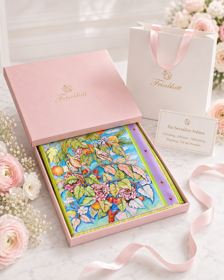 Designer Seidenschal Sommergarten Violett Herzen von Feinblatt in rosa Geschenkbox mit Grußkarte, Geschenkbeutel und zarten Blumen als stilvolles Geschenk für besondere Anlässe