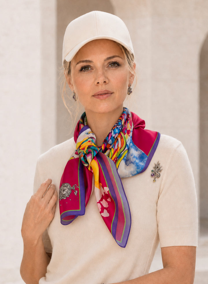 Designer-Seidentuch für Damen in Fuchsia mit farbenfrohem Kunstmotiv von Feinblatt