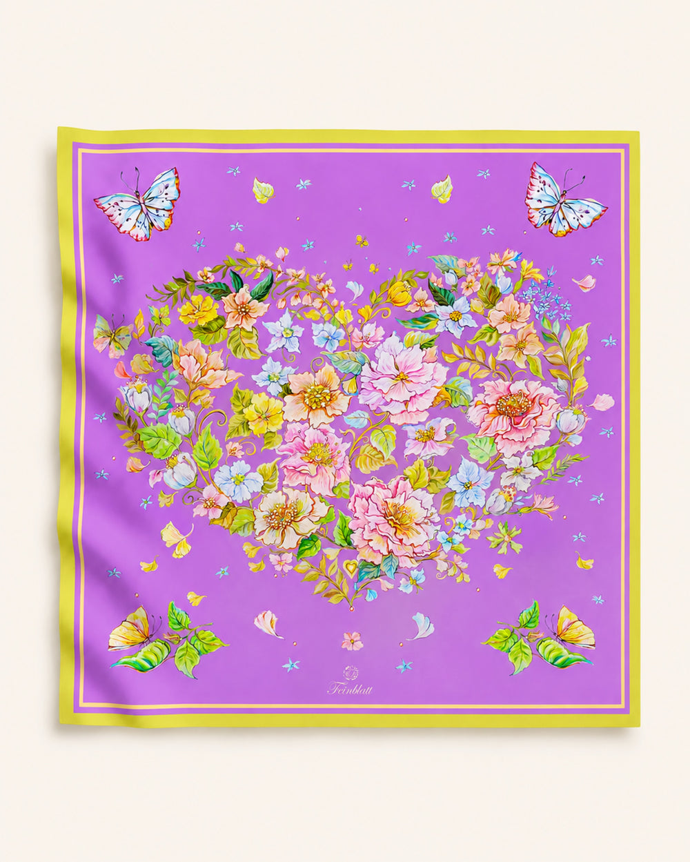 Luxuriöses Seidentuch Blue Violet mit floralem Herzmotiv und Schmetterlingen