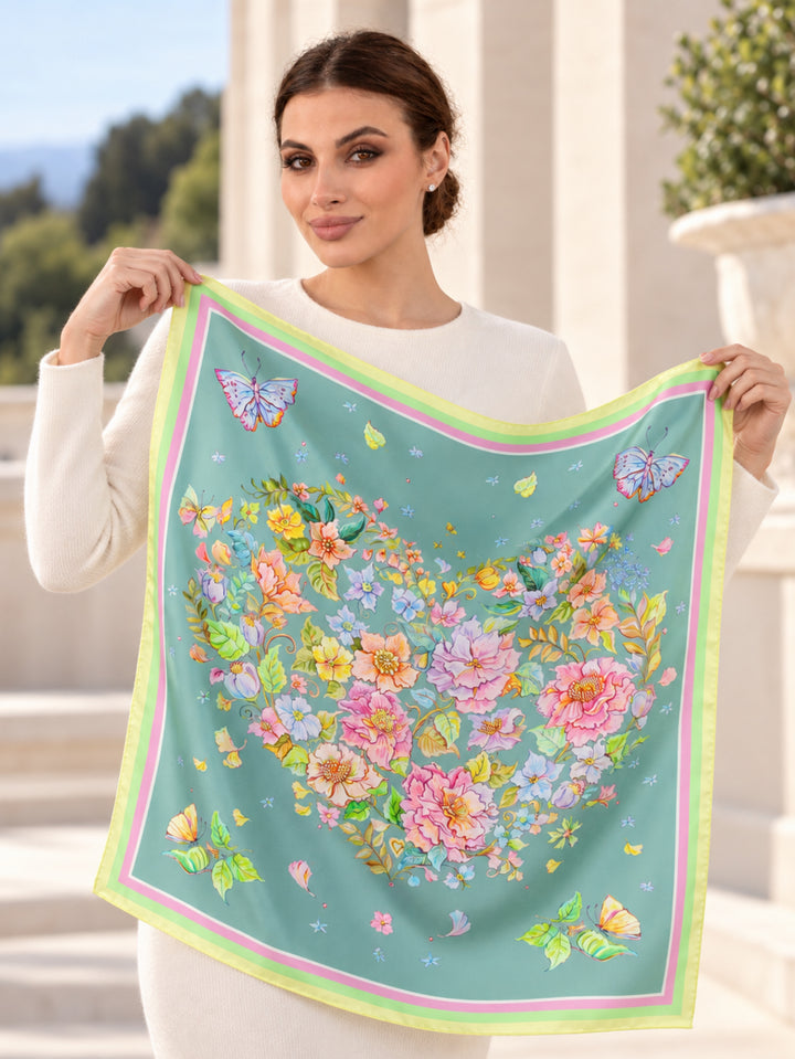 Designer-Seidentuch Herz aus Blumen in Mint, 65 × 65 cm, mit Blumenherz und Schmetterlingen