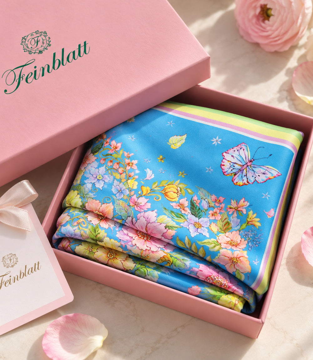 Blauer Designer-Seidenschal von Feinblatt mit floralem Muster und Schmetterlingen, gefaltet in einer rosa Geschenkbox mit Feinblatt-Logo.