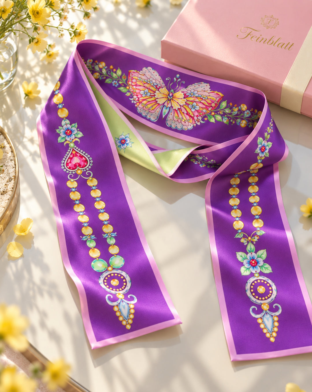 Designer-Seidenschal von Feinblatt in Lila mit Schmetterlingsmotiv und rosa Geschenkbox