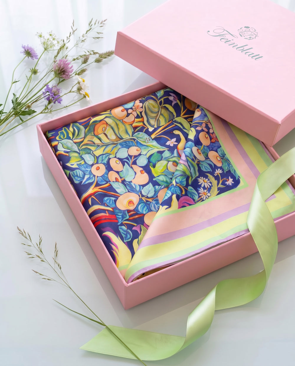 Rosa Feinblatt Geschenkbox mit Designer Seidentuch aus reiner Seide als elegantes Geschenk für Frauen