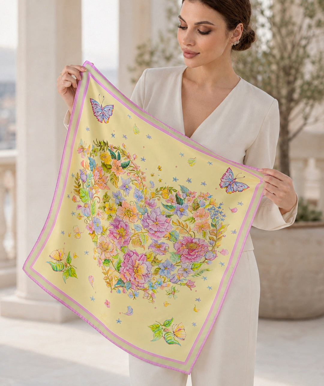 Elegante Frau präsentiert gelbes Seidentuch mit floraler Zeichnung von Feinblatt
