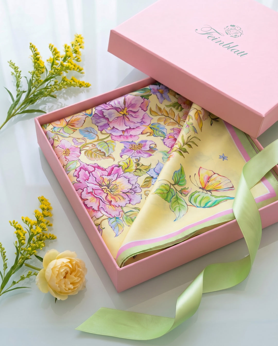 Gelbes Feinblatt Seidentuch mit Blumenmotiv in rosa Geschenkbox
