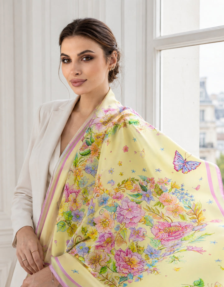 Gelbes Feinblatt Seidentuch mit Blumenmotiv aus Twillseide, getragen von einem Model in heller Kleidung