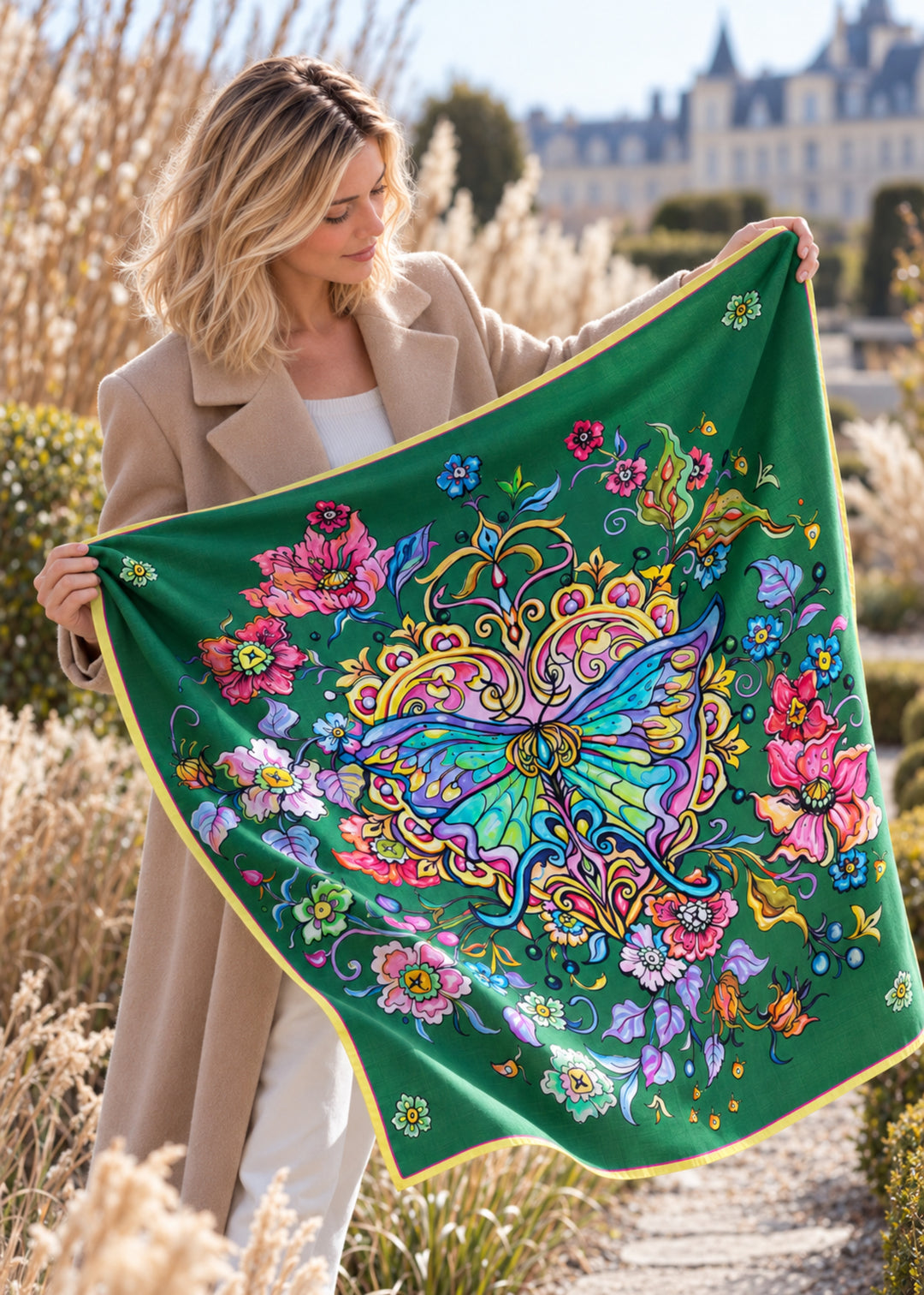 Frau präsentiert den grünen Designer-Kaschmirschal Butterfly von Iryna Feinblatt, 90 x 90 cm, mit großem buntem Schmetterling, floralen Ornamenten und gelber Einfassung.