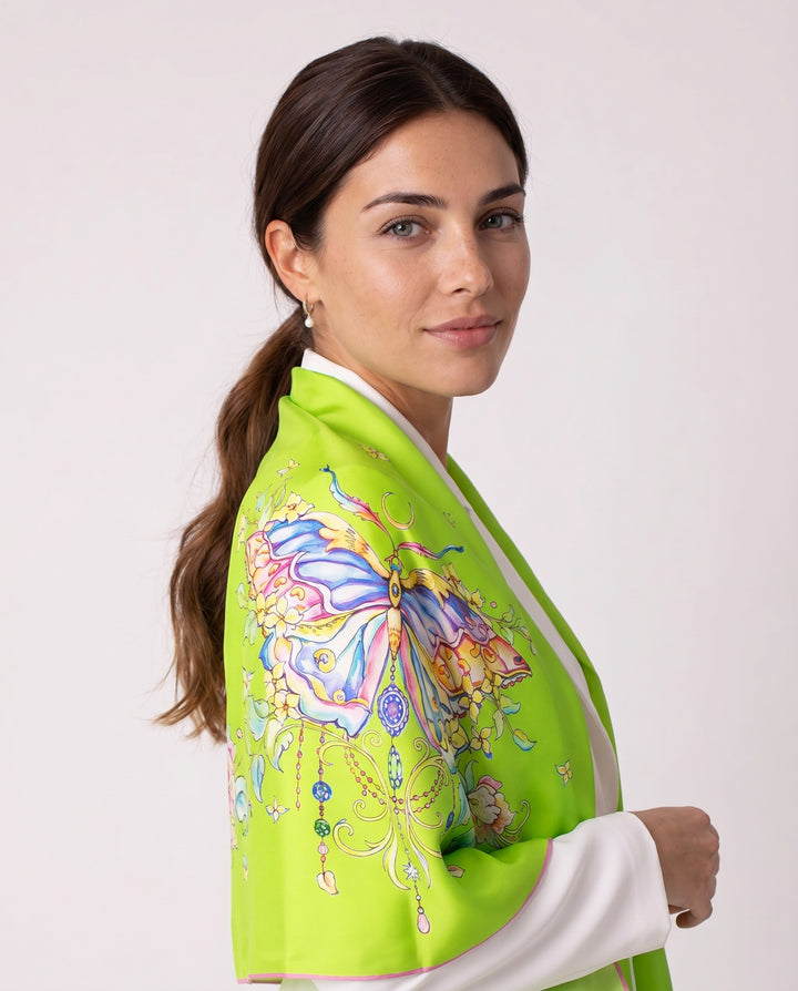 Elegante Frau mit Designer Seidenschal Lime Butterfly in Salatgrün mit kunstvollem Schmetterlingsmotiv aus Seide von Feinblatt