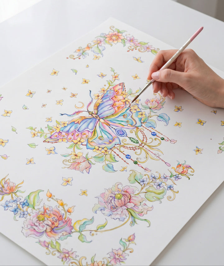 Hand-painted watercolor butterfly artwork used for the Lime Butterfly designer silk scarf by Feinblatt with floral details and artistic painting process.