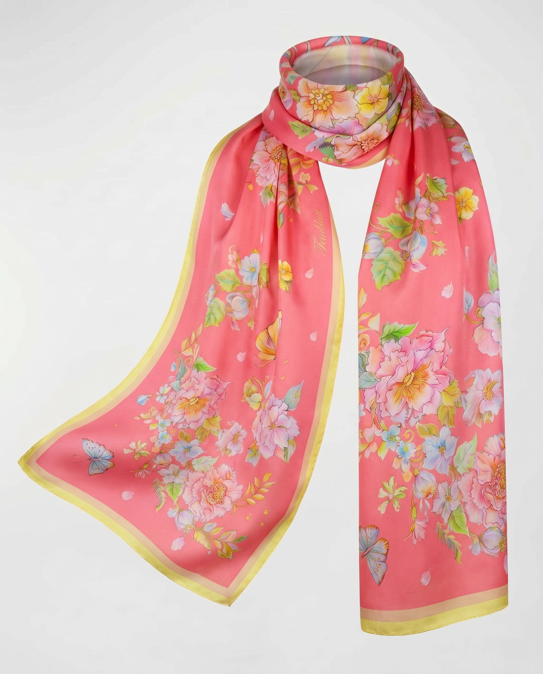 Luxus Seidenschal Herz aus Blumen in Korallenrot aus reiner Twill-Seide von Feinblatt, 40x160 cm