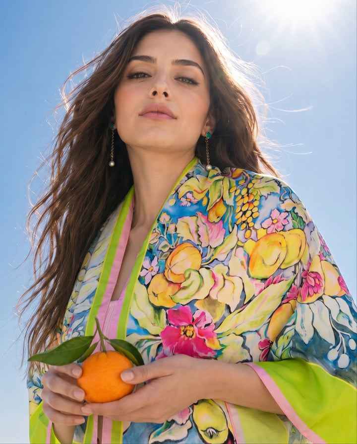 Luxuriöses Designer Seidentuch Sunny Italy von Feinblatt mit mediterraner Zitrus-Inspiration und floralem Kunstmotiv aus italienischer Seide.