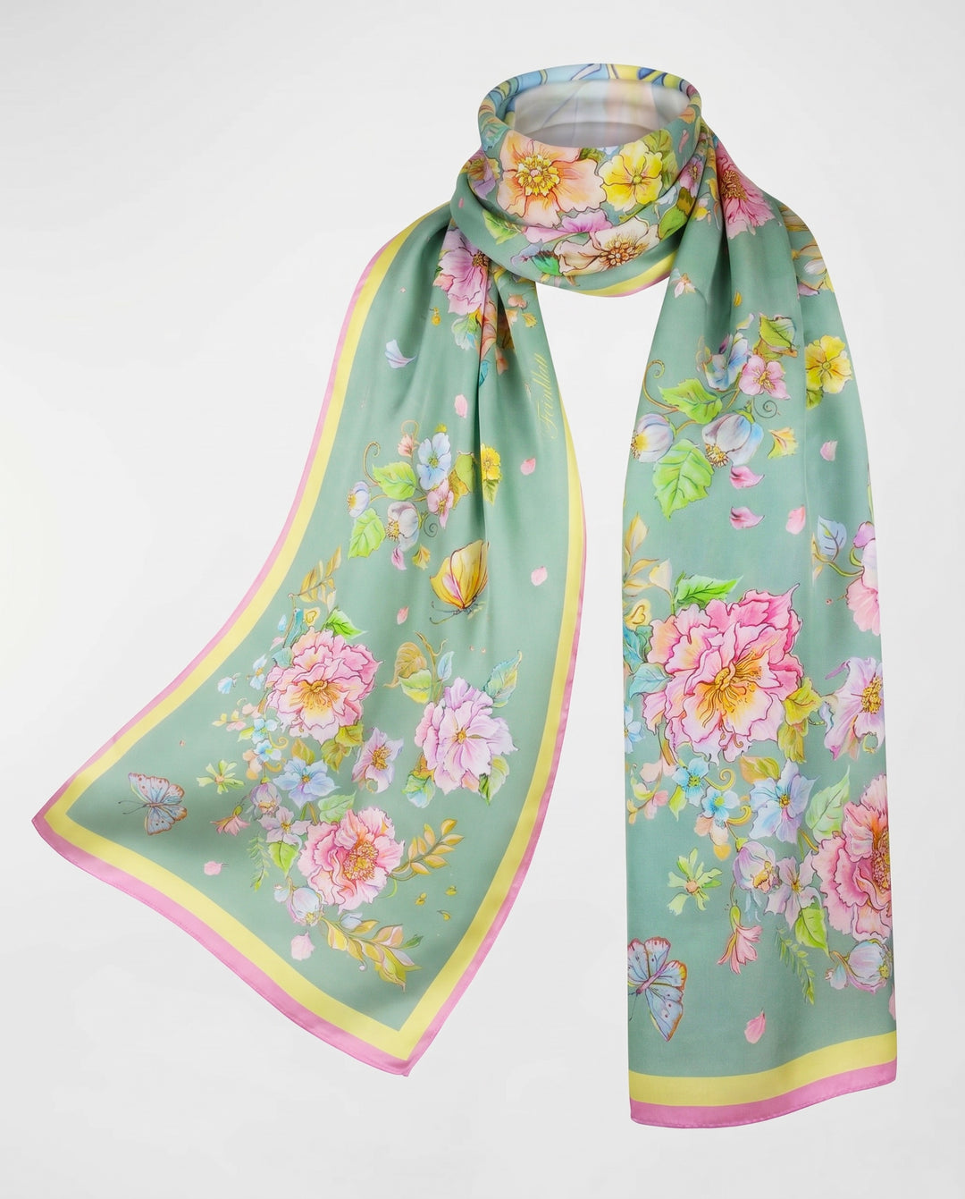 Mintgrünes Seidenkopftuch mit floralen Motiven aus reiner Twill-Seide von Feinblatt