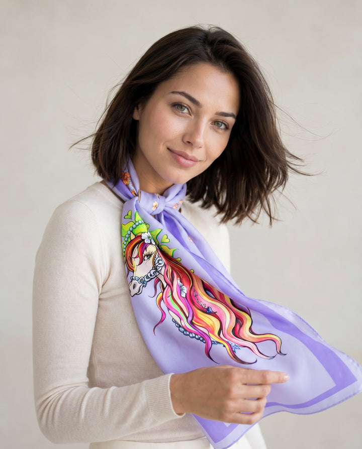 Elegant woman wearing Pretty in Blue designer silk scarf with colorful fantasy horse illustration and soft lilac tones in minimalist studio setting.
