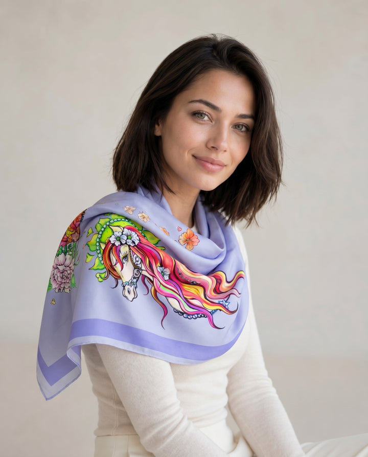 Elegant woman wearing Pretty in Blue designer silk scarf with colorful fantasy horse illustration and soft lilac tones in minimalist studio setting