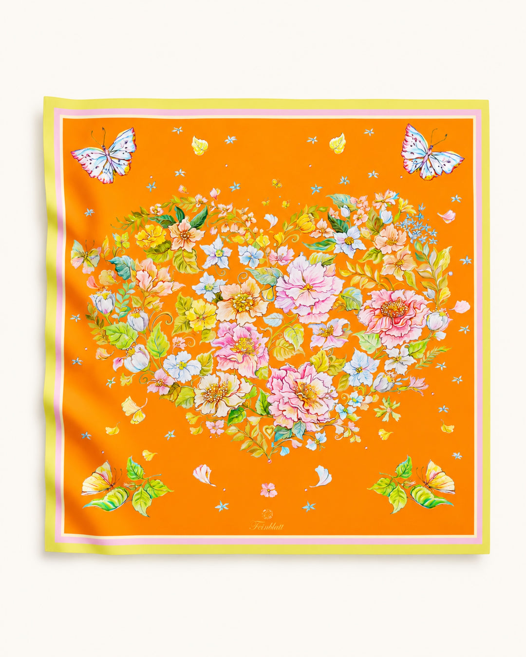 Designer Seidenschal Herz aus Blumen Orange 65x65 aus reiner Twill-Seide von Feinblatt