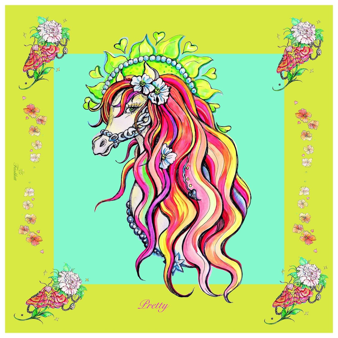 Reiner Seidenschal "Pretty" - Gelb und Türkis. Seidenbandana-Schal. Bedrucktes Originaldesign von Iryna Feinblatt. Geschenkidee - IrynaFeinblatt