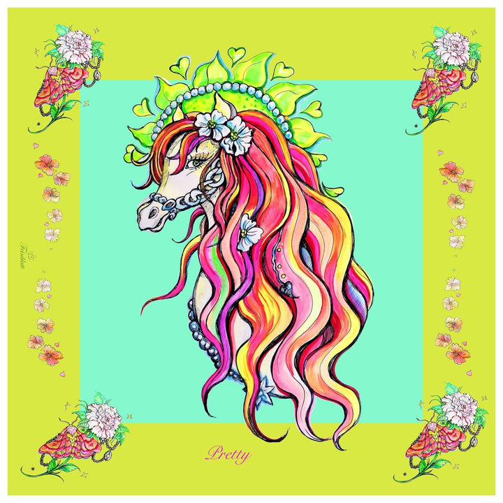 Reiner Seidenschal "Pretty" - Gelb und Türkis. Seidenbandana-Schal. Bedrucktes Originaldesign von Iryna Feinblatt. Geschenkidee - IrynaFeinblatt