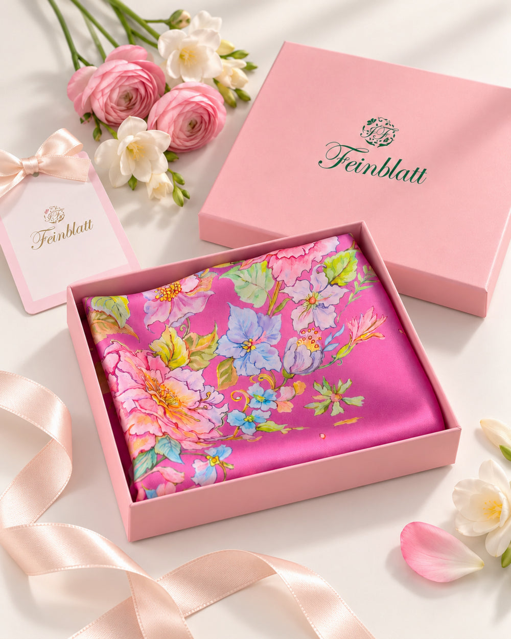 Rosa Seidentuch von Feinblatt mit floralem Muster, gefaltet in einer rosa Geschenkbox mit Feinblatt Logo.