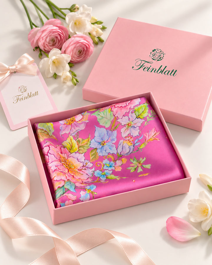 Rosa Seidentuch von Feinblatt mit floralem Muster, gefaltet in einer rosa Geschenkbox mit Feinblatt Logo.