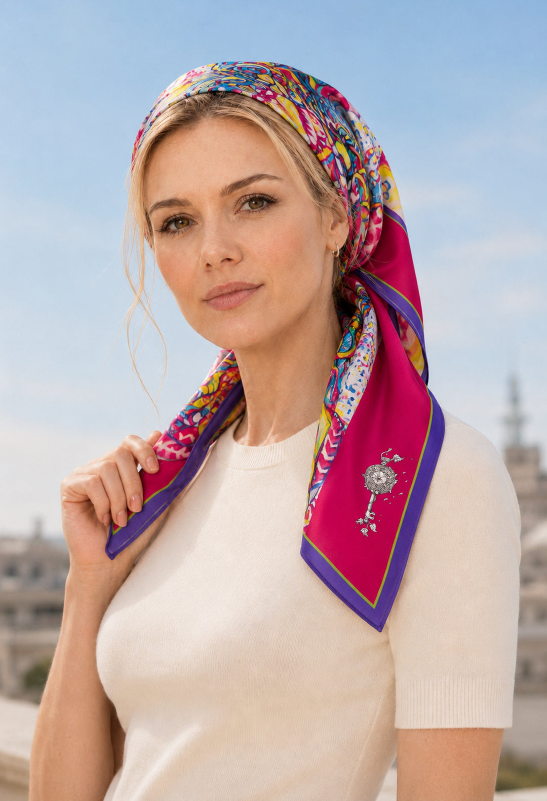 Seidenkopftuch Power in Fuchsia mit farbenfrohem Kunstmotiv und violetter Bordüre