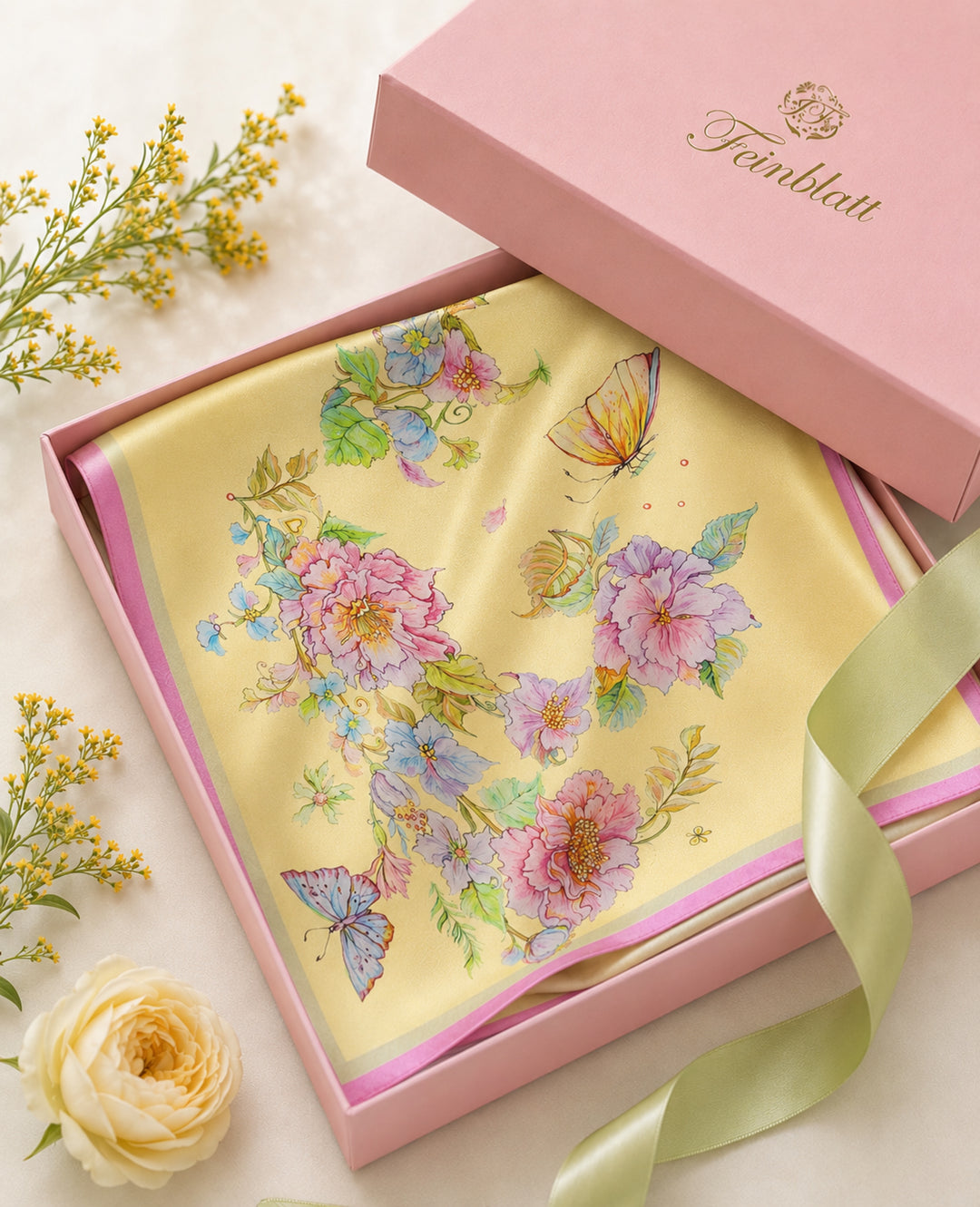 Seidenschal Herz aus Blumen in Gelb in einer rosa Geschenkbox von Feinblatt