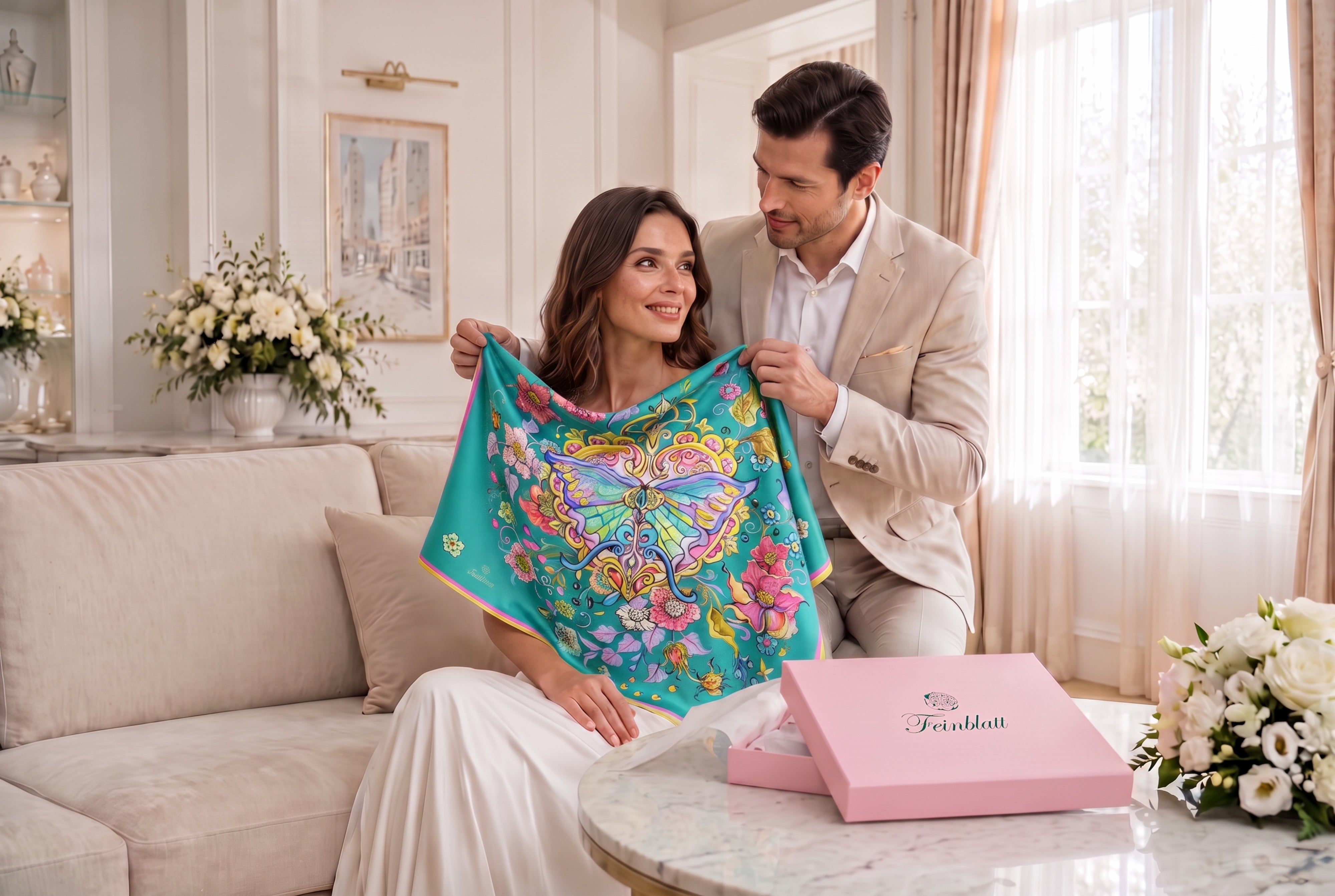 新品タグ付き　CLANE SCARF FLOWER RIBBON TOPS Designer Silk Scarves for Women | Feinblatt